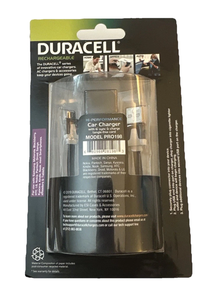Duracell Sync & Charge Cable With Car Charger Black Pro-198 NEW - Image 4 of 4