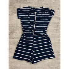 Unbranded Romper Womens L Navy White Striped Button Front Nautical Casual Pocket