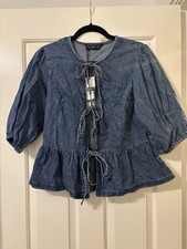 F&F Denim Tie Front Top With Sleeves. Size 6. Brand New With Tags