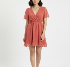 SHEIN Dusty Rose Swiss Dot Wrap Dress Flutter Sleeve Size S US 4