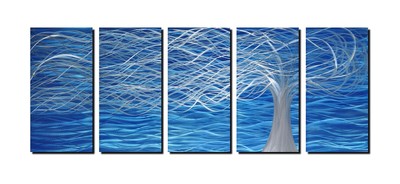 Unique Metal Wall Art with Tree Painting Design Aluminum Blue Art 5 pcs 65''x 24''