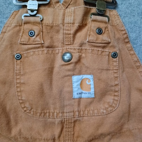 Carhartt Bib Overalls Boys 12 Brown Logo Double Knee Youth - Picture 14 of 15
