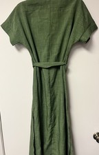 Vintage Green Shirt Dress Midi V-Neck Short Kimono Sleeve Belted Tie