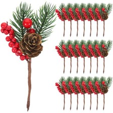 10pcs Christmas Pine Cone Red Picks Stems DIY Fake Berries Pinecones Branches...