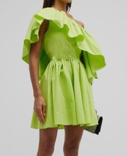 Alexander McQueen Women's Green One-Shoulder Ruffle Poplin Mini Dress Size 42