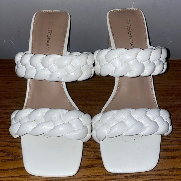 BCBGeneration White Braided Strap Square Toe Bloc… - image 1