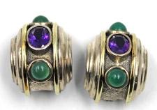David Yurman Renaissance Sterling Silver & 14K Gold Purple & Green Clip Earrings