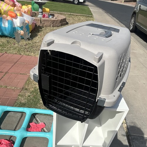 Gray Plastic Hard-Sided Dog Travel Crate Carrier with Black Metal Door