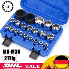 Steckschl&uuml;ssel Satz 1/2 Zoll Set 21tlg 8-36Mm Vielzahn N&uuml;sse Kfz Nuss 12 Kant DE