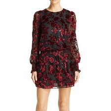 Parker Carmindy Red Floral Velvet Burnout Dress Size M Long Sleeve Smocked Waist