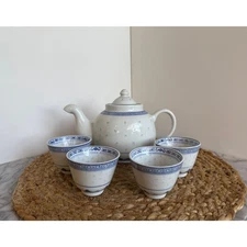 Vintage Linglong Rice Grain tea set, 4 cups, 4-cup teapot