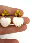 Vintage Earrings Clip On Hobe White Milk Glass Heart Yellow Rhinestone