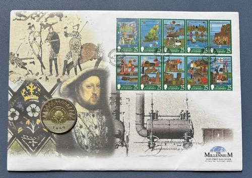 1999 Guernsey The Millennium £5 Coin in PNC. 10 Guernsey Stamps.