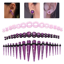 50pcs Ear Stretching Kit Acrylic Tapers Plugs Silicone Tunnels Purple 14G-1/2"