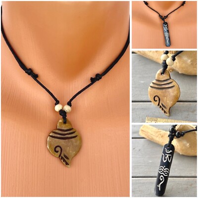 Kette Anhänger Yak Bone Buddhismus Symbole Baumwollband schwarz Surfer Ethno 