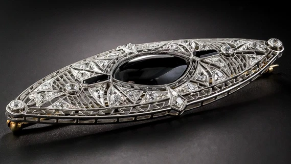 Large Art Deco 1.12CT Cubic Zirconia With Black Onyx Women Brooch Pin In Silver - Image 3 of 4