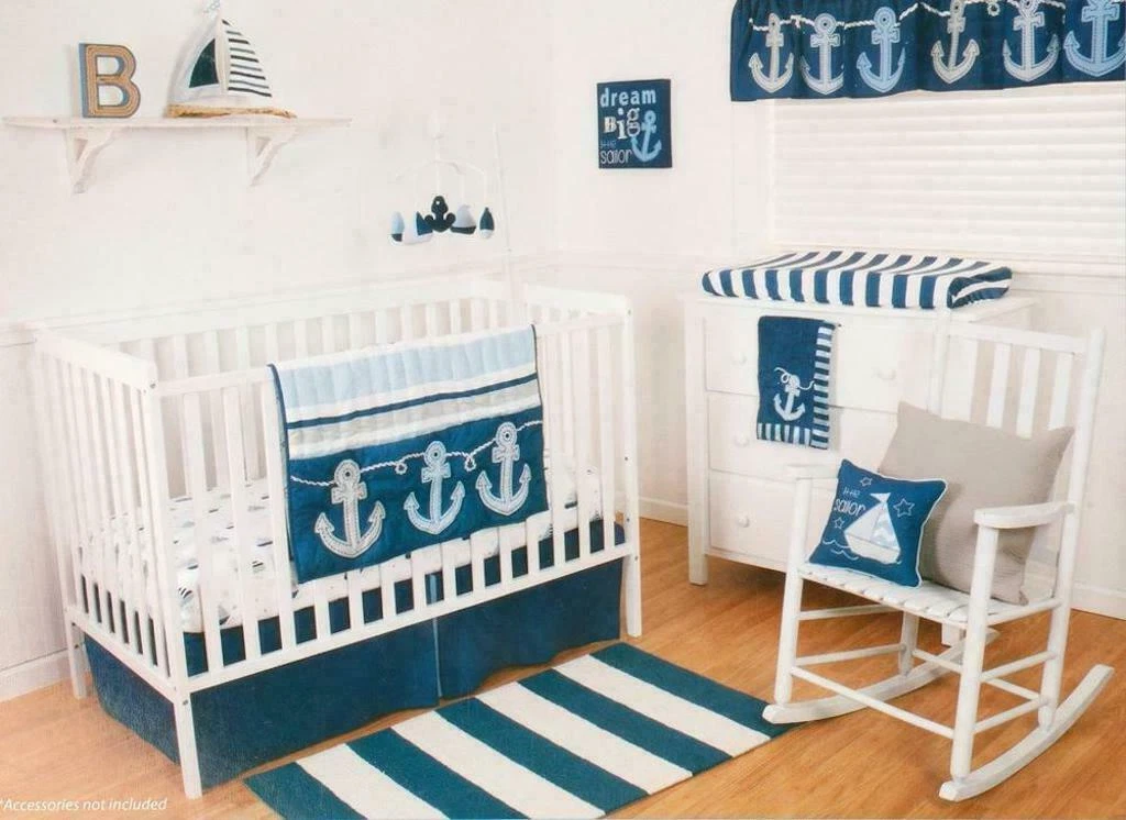 Tender Kisses ANCHORS AWAY 3-Piece Crib Set BABY BLUE NAUTICAL BOYS STRIPE