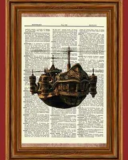 Steampunk Flying Ship Boat Dictionary Curious Art Print Poster Picture OOAK