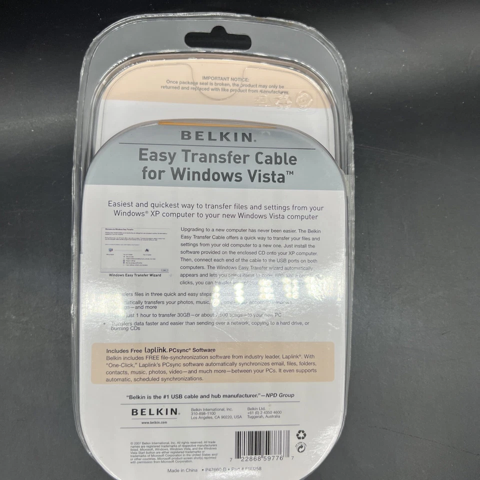 BELKIN EASY TRANSFER CABLE LAPTOP PC COMPUTER USB to USB SYNC FILES, NEW FACTORY - Image 4 of 4