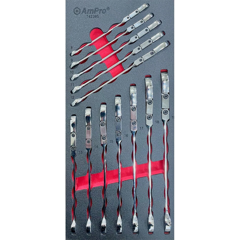 12pc Ampro Double Flex Head Metric Geared Ratcheting Wrench Tool Set TS52385