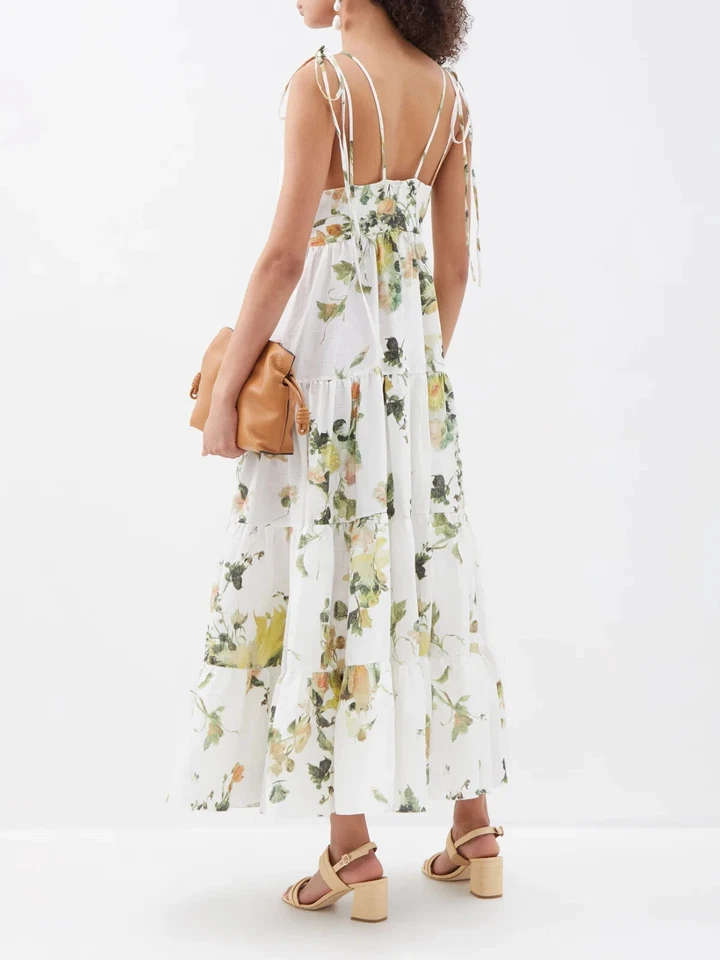 NUEVO ERDEM Maxi Vestido Estampado Floral Corbata Correa Lino BLANCO TALLA 12/100% AUTÉNTICO Foto 3 de 4