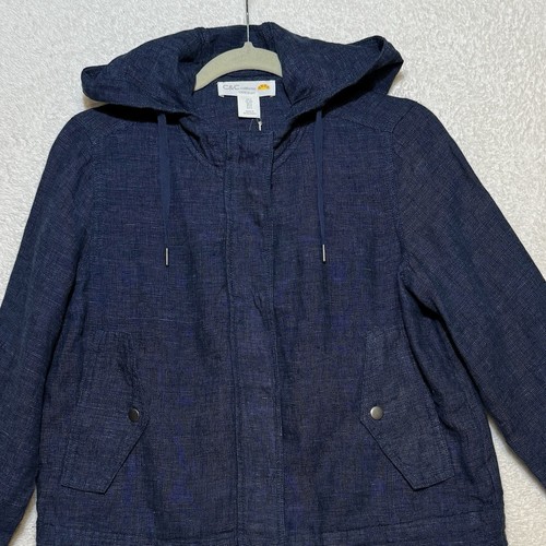 C&C California 100% Leinen Jacke Damen S blau Kapuze durchgehender Reißverschluss Druckknöpfe Neu mit Etikett! - Bild 2 von 10
