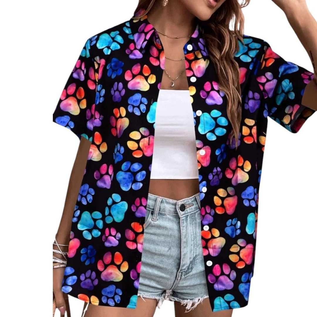 Dog Lover Rainbow Short Sleeve Hawaiian Button Up Shirt Size M NEW