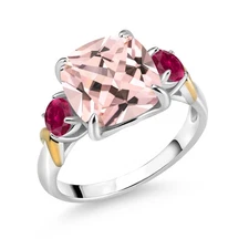 925 Silver and 10K Yellow Gold Peach Nano Morganite and Created Ruby 3 Stone
