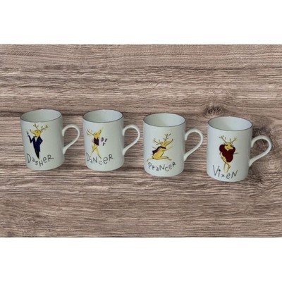 Pottery Barn Reindeer Mugs Set of 4 Dasher Dancer Prancer Vixen Christmas Japan