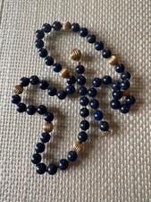 22  Natural Lapis Lazuli  14k YELLOW Gold Bead Necklace Hand Knotted