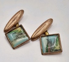 Pair Of Old Vintage Gold Plated Cufflinks - Seaside Scene - Old Tourist Souvenir