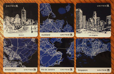 6pcs Vintage United Airlines Blue/White Lucite Drink Coasters - World Cities