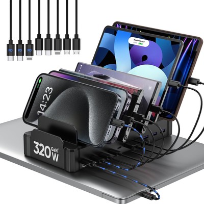 320W Charging Station for Multiple Devices, 10-Port USB C Fast Charger Statio...