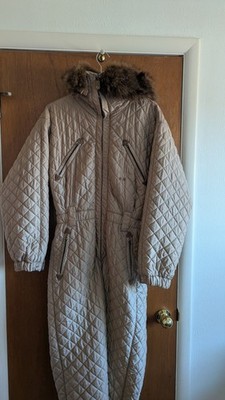 Post Card Women's One Piece Ski Suit Size M Fur Trimmed Hood Beige Lined Pockets