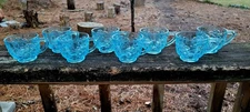 8 Vintage Button Dot Ice Blue Handled Punch Cups Depression Glass