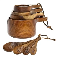 World Acacia Wood Measuring Cup &Spoon Set -4 Piece Handcrafted Bundle 