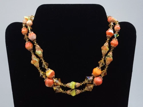 Vintage Vendome Costume Jewelry Orange/Green Beaded Two Strand Layered Necklace