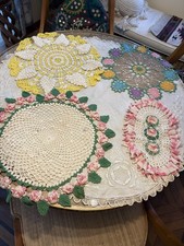 Lot napperons vintage fait main crochet rose vert blanc dentelle napperon lin 4 grands