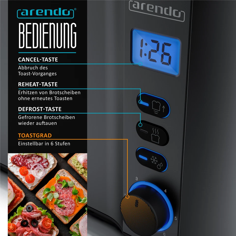 Arendo MANHA 4 Scheiben Edelstahl Langschlitz Toaster 1500W LCD Display - Bild 3 von 4
