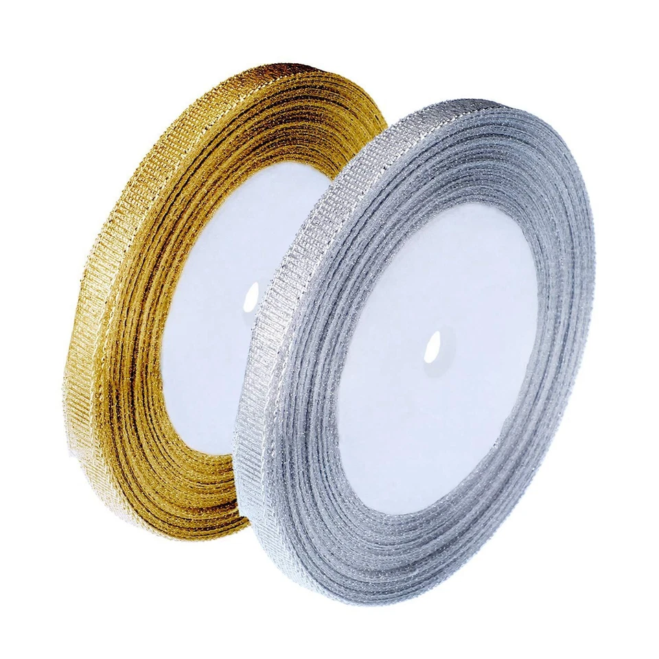 25 Yards Silver Gold Metallic Ribbon 1/4"-3/4" Wedding Christmas Gift Wrap Craft - Image 2 of 4