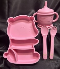 Pink Teddy Bear 4 Piece Silicone Toddler Divided Dish Set  BPA Free