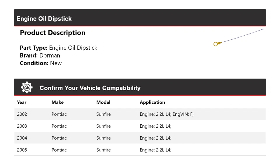Varilla de medición de aceite de motor Dorman L4 2,2 L Pontiac Sunfire 2002-2005 2003 2004 Foto 2 de 4