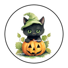 30 HALLOWEEN KITTEN STICKERS ENVELOPE SEALS LABELS 1.5" ROUND CUTE CAT