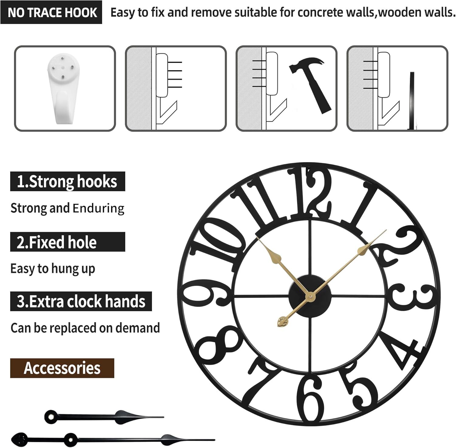 Large Wall Clock for Living Room Decor - 18 Inch Silent Non-Ticking Wall Clocks