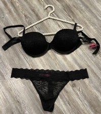 La Senza Black Snowflake Lace REMIX Padded Underwire Bra 38B Thong XL 2 Pc Set