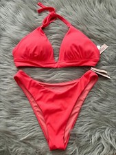 Victoria's Secret Coral Blaze Ribbed Halter Top Brazilian Bottom Bikini Set M