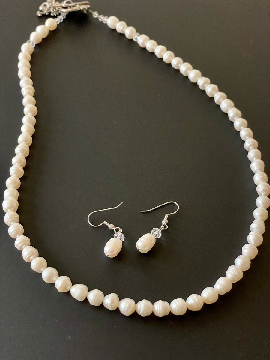 Vintage 22 Inch Long Fresh Water Pearl Necklace Earrings Set White