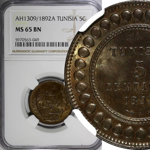 Tunisia Ali III AH1309 1892 A 5 Centimes NGC MS65 BN TOP GRADED KM# 221 (049)