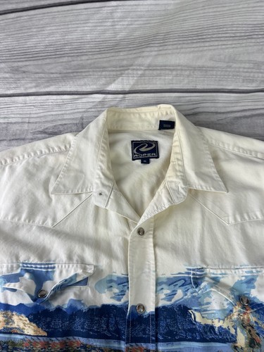 Vintage Roper Horse Western Art Button Shirt XL Pearl-Snap Blue/Off White - Picture 3 of 10