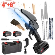 4"+6" Electric Mini Chainsaw Handheld Cordless Wood Cutter +2 Battery & 4 Chain